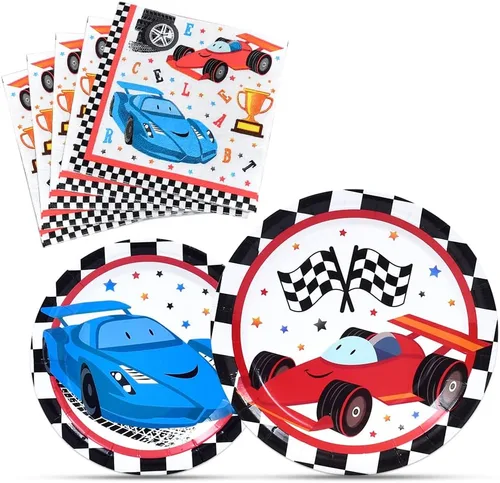 WERNNSAI Suministros para fiestas de autos de carreras, 48 piezas, platos de fiesta de carreras, servilletas, juego de vajilla desechable,