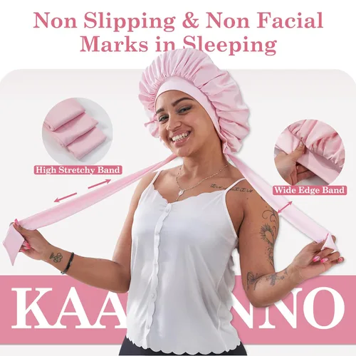 Miniatura 6 de Gorro de satén de seda con banda de amarre para dormir, para mujeres de cabello rizado: gorro de noche para cabello liso, ondulado, ensortijado, Rosa