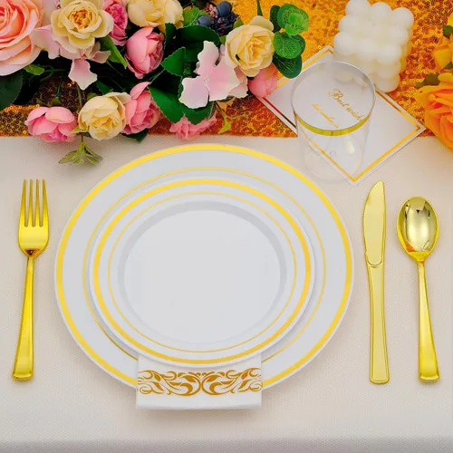 Miniatura 5 de Juego de vajilla de oro de 175 piezas para 25 invitados, platos desechables de plástico blanco con borde dorado resistentes para fiesta y boda