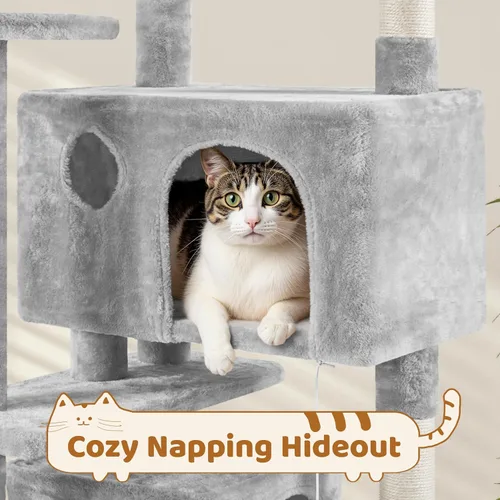 Miniatura 8 de Yaheetech Árbol para Gatos Multinivel de 70 Pulgadas Torre Alta para Gatos Mueble para Gatos con Condominio, Postes Rascadores y Pelota Colgante Gris