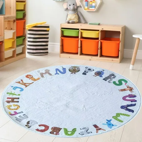 Miniatura 12 de Alfombra redonda de juegos para niños, alfombras ABC para niños, niños pequeños y bebés, alfombra de área de guardería, alfombra de juego suave