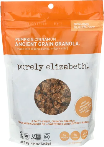 purely elizabeth. Granola de grano antiguo, sin gluten, vegana y sin OMG, certificada orgánica, horneada con aceite de coco, calabaza y canela, 12