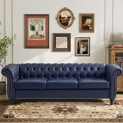 Miniatura 24 de LEVNARY Sillón tapizado de cuero, moderno sofá individual de mediados de siglo con brazos enrollados y cabeza de clavo, silla Chesterfield de piel