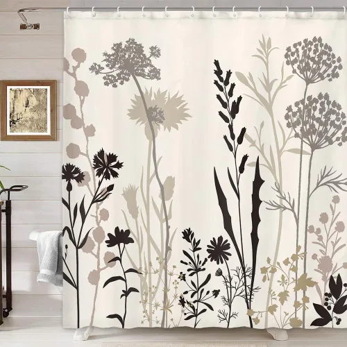 Cortina de ducha bohemia beige crema floral – Flor bronceada vintage, divertida planta abstracta rústica de flores silvestres silueta botánica para