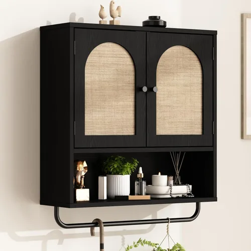 RUSTOWN Gabinete de pared de ratán para baño, gabinete de medicina Boho con 2 puertas arqueadas, gabinetes de almacenamiento sobre el inodoro de