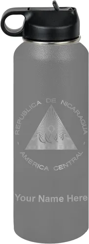 Miniatura 34 de LaserGram Botella de agua personalizada, bandera de Nicaragua, acero inoxidable de doble pared aislada al vacío con popote superior, regalo grabado