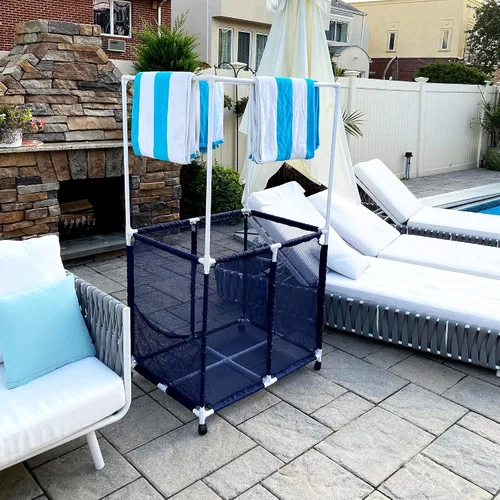 Miniatura 7 de Soporte para equipo de piscina con barras de secado de toallas, organizador de almacenamiento multiusos con ruedas de malla, colgador de toallas