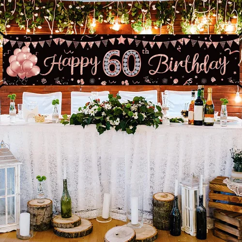Miniatura 3 de Cartel de feliz cumpleaños 60 para mujer, suministros de fiesta de cumpleaños de 60 años de oro rosa, decoración de fondo para interiores