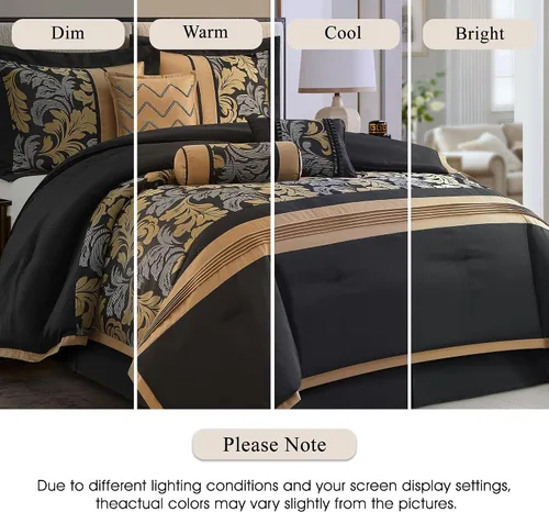Miniatura 5 de Stratford Park Juego de ropa de cama de 7 piezas con diseño de hojas, color negro, tamaño Queen, diseño jacquard, para todas las estaciones, falda