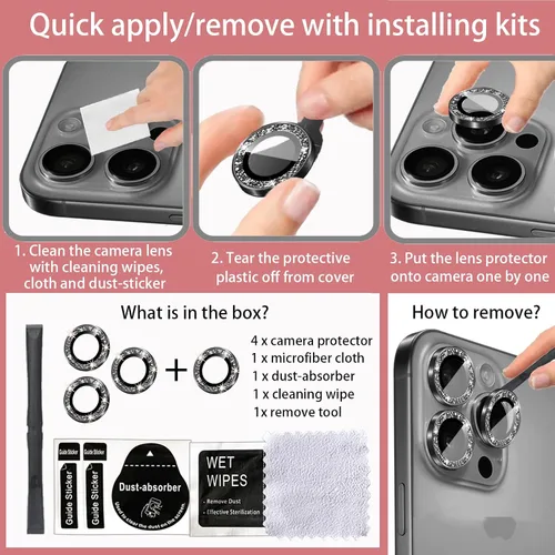 Miniatura 7 de Paquete de 4 protectores de lente de cámara compatibles con iPhone 15 Pro / 15 Pro Max, protector de lente de cámara Bling Glitter, protector