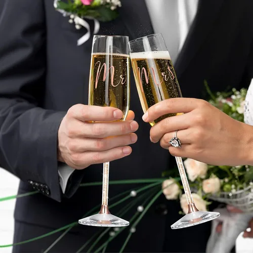 Miniatura 4 de Boao Juego de 4 cuchillos para tartas de boda y copas de champán para servir de señor y señora para tostar, juego de corte de pastel de cristal