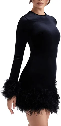 Miniatura 2 de Vestido corto sexy de plumas para mujer, de manga larga, de piel sintética, de corte bajo, Y2K, para cóctel, fiesta
