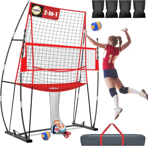 2-in-1 Volleyball Practice Net Station with Patented 5-Height (6'6'' to 8'), Heavy Duty Training System for Hitting Spiking Serving, Backyard Indoor