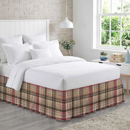 Miniatura 3 de Falda de cama vintage a cuadros, tamaño King de 18 pulgadas de caída, ajustable y elástica, plisada, con volantes de polvo de lujo para cama
