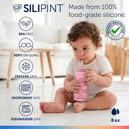 Miniatura 2 de Silipint Honey Bear - Vaso con popote para bebés, tapa suave de silicona de grado alimenticio, apto para lavavajillas, ligero y fácil agarre, Rosa