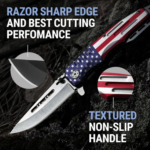 Miniatura 7 de Navaja de bolsillo asistida por resorte, plegable, estilo militar, para niños exploradores, cuchillo táctico ideal para acampar, caza, 3. Bandera
