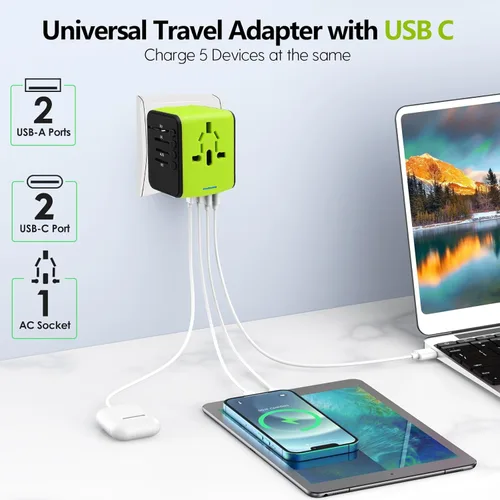 Miniatura 2 de JMFONE Adaptador de viaje internacional, 2 puertos USB-C y 2 puertos USB-A y enchufes de CA múltiples, adaptador de corriente universal en todo el 2