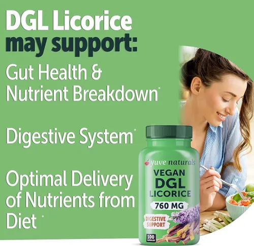 Miniatura 2 de Yuve Regaliz vegano DGL 760 mg – Suplemento de cápsulas de raíz de regaliz desglicirricinadas ultra puras – Apoya el estómago, el intestino