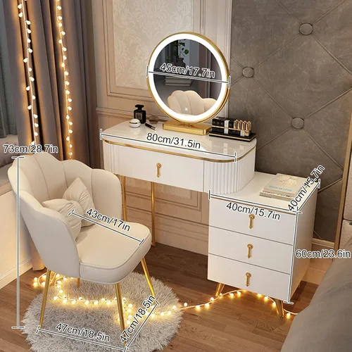 Miniatura 5 de Juego de tocador grande con luces LED, mesa de tocador de maquillaje con gabinete ajustable y taburete acolchado, 3 modos de iluminación, tocador