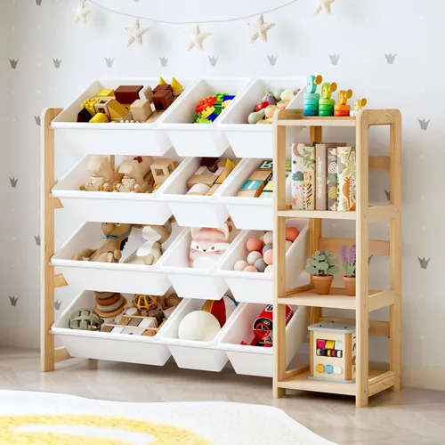 Miniatura 8 de MallBest Organizador de almacenamiento de juguetes extra ancho con 12 contenedores y estantes dobles, estante de madera de pino maciza para niños