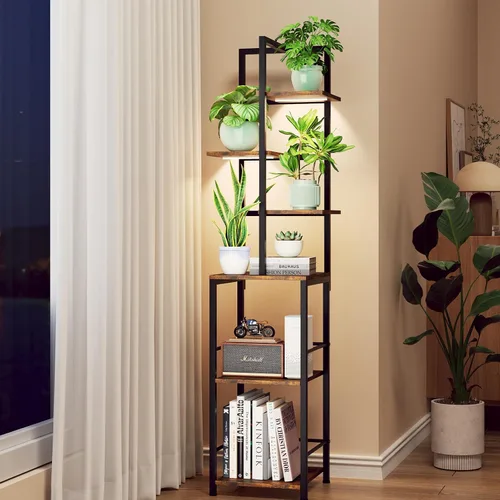Miniatura 11 de Soporte para plantas de interior con luz de crecimiento, soporte alto para plantas de 5 niveles para interiores, estante de metal para plantas