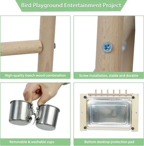 Miniatura 5 de Parrot Playstand Bird Playground Birdcage Soporte de madera Perca Escalera con comedero Tazas para Aves Juega Gimnasio Cockatiel Playground Incluye