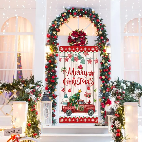 Miniatura 2 de SENSEVEN Cartel de puerta de Feliz Navidad – Cubierta grande de árbol de pino de invierno, muñeco de nieve roja, telón de fondo de bienvenida
