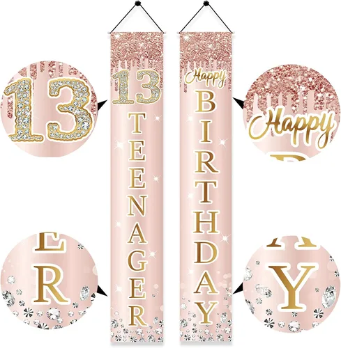 Miniatura 6 de Decoración de cumpleaños número 13 para niñas, cartel de feliz cumpleaños de 13 adolescentes, suministros para fiesta, telón de fondo de cumpleaños