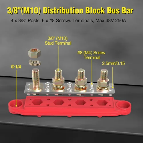 Miniatura 4 de MOFEEZ Barra de bus de bloque de distribución de energía, 4 postes de 3/8 pulgadas, 6 terminales de tornillos #8, máximo 48 V 250 A