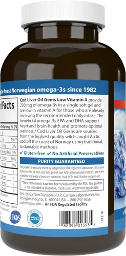 Miniatura 3 de Carlson - Gemas de aceite de hígado de bacalao, baja vitamina A, 230 mg de omega-3, noruego, capturado en la naturaleza, de origen sostenible, 300