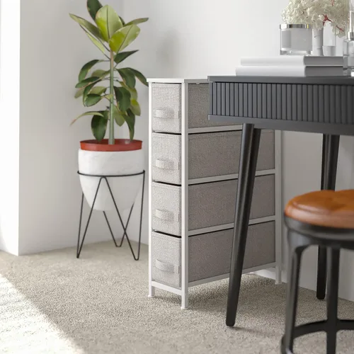 Miniatura 2 de Flash Furniture Harris - Cómoda de 4 cajones con marco de hierro fundido blanco con parte superior de madera delgada con cajones de tela gris claro
