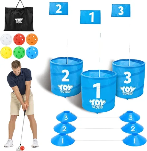 TOY Life Juego de cubo de golf, juego de golf de 3 agujeros para adultos, familia y niños, campo de golf portátil con pelotas y bandera, juego de