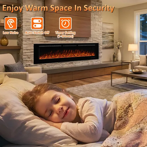 Miniatura 5 de Chimenea eléctrica de 45 pulgadas, insertos de chimenea para montar en la pared y empotrar, llama multicolor con 5 atenuadores, termostato