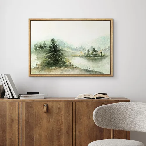 Miniatura 2 de wall26 Lienzo enmarcado de arte de pared, acuarela en tonos pastel, pino, árbol, bosque, lago, naturaleza, ilustraciones de área silvestre, arte