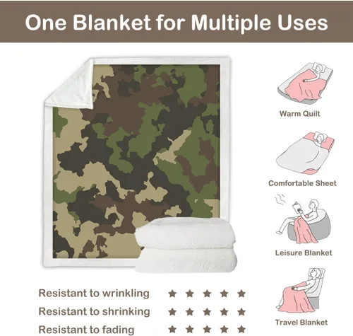 Miniatura 5 de Sleepwish Manta de forro polar de camuflaje caqui militar para niños y niños, manta sherpa de camuflaje militar suave para sofá y silla