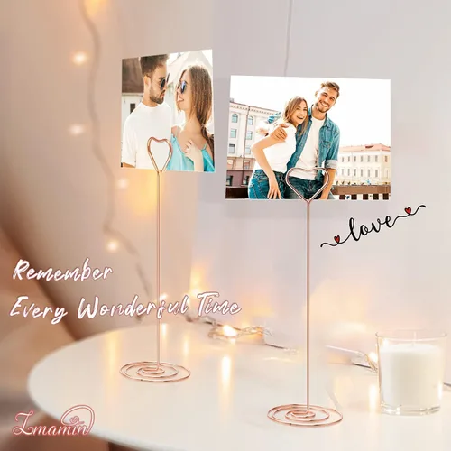 Miniatura 4 de 16 soportes para tarjetas de lugar, 8.75 pulgadas de alto, soporte para cuadros de oro rosa para mesas con clip en forma de corazón para bodas