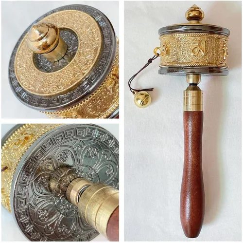 Miniatura 3 de Rueda de oración de mano de cobre con budista tibetano de seis caracteres de verdad de Buda de primera calidad, rueda de oración de mango de madera