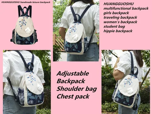 Miniatura 138 de HUANGGUOSHU Mochila de algodón tejida de algodón bohemio con bordado de lona estilo bohemio con múltiples bolsillos retro linda mochila cartera