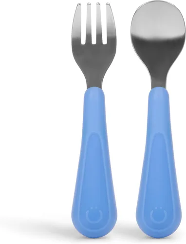 Miniatura 17 de Ubbi Juego de tenedores y cucharas de acero inoxidable para niños pequeños, 4 unidades, asas de silicona de fácil agarre, utensilios