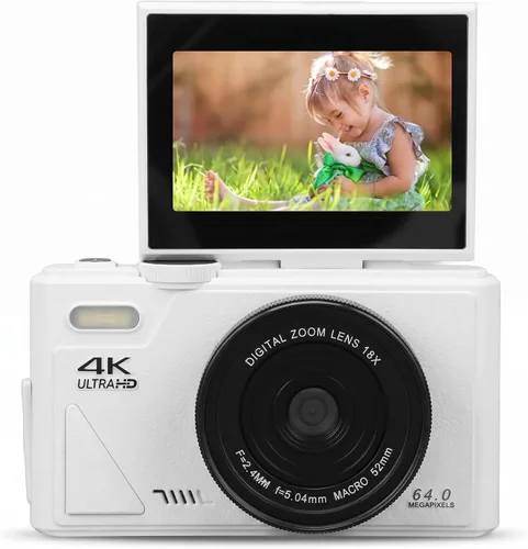 Cámara digital de 64 MP con vlogging 4K y zoom de 18X, pantalla abatible compacta para niños y niñas