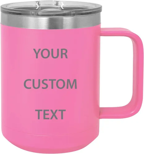 Vaso de viaje de acero inoxidable de 15 onzas con aislamiento para añadir tu texto personalizado, taza de café con asa, tapa deslizante, Rosado