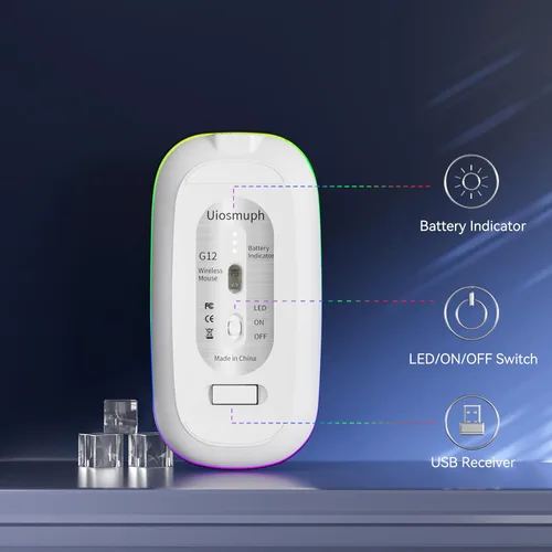Miniatura 5 de Uiosmuph Ratón inalámbrico LED, G12 Slim recargable silencioso ratón, 2.4G portátil USB óptico inalámbrico ratón de computadora con receptor USB