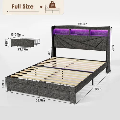 Miniatura 2 de Driftalia Base de cama de tamaño completo con cabecera de almacenamiento de 2 niveles, base de cama de tamaño completo tapizada con 2 cajones