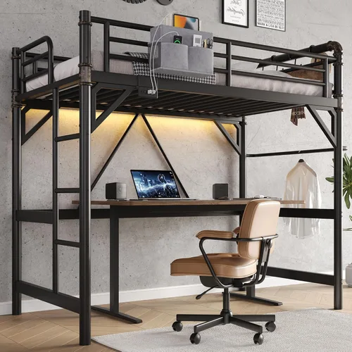 Miniatura 10 de Cama tipo loft de tamaño individual con luces LED y estación de carga, marco de cama industrial de metal resistente con escalera y barandilla