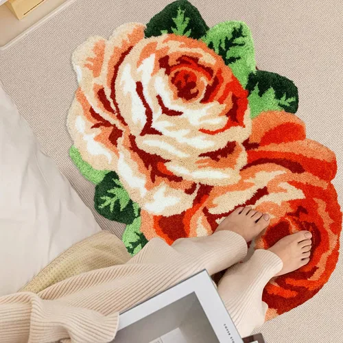 Miniatura 3 de USTIDE Bonita alfombra de baño de rosas para baño, alfombra de baño naranja de lujo, antideslizante, con forma de flor, alfombra de ducha de felpa