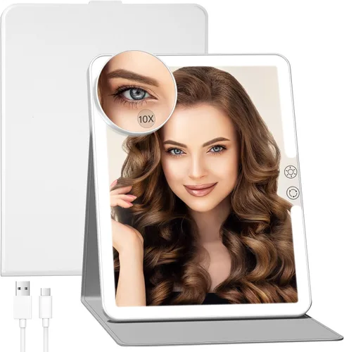 Miniatura 12 de FUNTOUCH Espejo de maquillaje de viaje grande portátil de 10 x 7.5 pulgadas con luz, 2500 mAh recargable iluminado espejo de maquillaje de viaje
