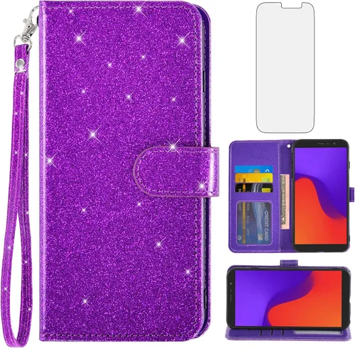 Asuwish Funda para teléfono Tracfone BLU View 2 B130DL con protector de pantalla de vidrio templado y cubierta tipo cartera con purpurina, soporte