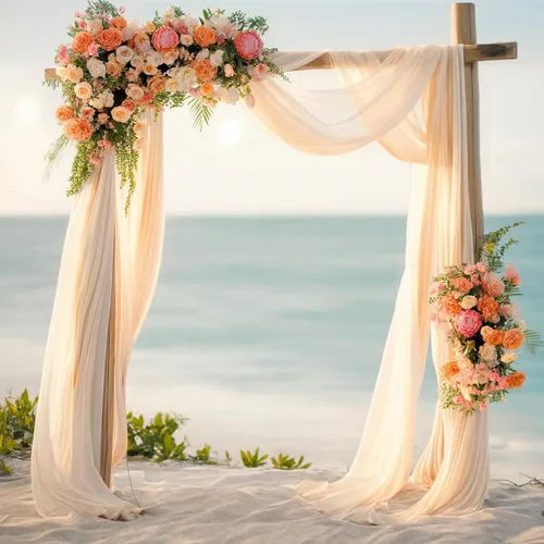 Miniatura 16 de Tela drapeada para arco de boda, 2 paneles de 18 pies, cortina de telón de fondo transparente azul bebé, cortina de gasa para boda, arco, ceremonia