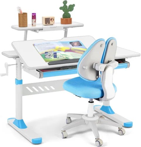 COSVALVE Juego de escritorio y silla de estudio para niños, mesa de estudio de escritura escolar ajustable para niños, silla de escritorio