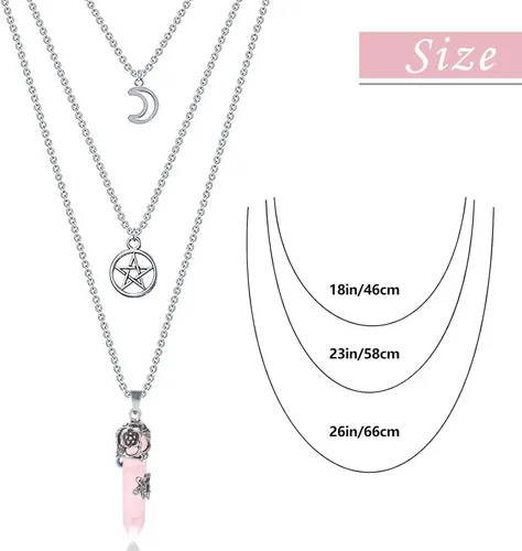 Miniatura 6 de MJartoria Collar de pentagrama de luna, collar de chakra de cristal, colgante, con dije, cadena de aleación multicapa, conjunto de gargantilla